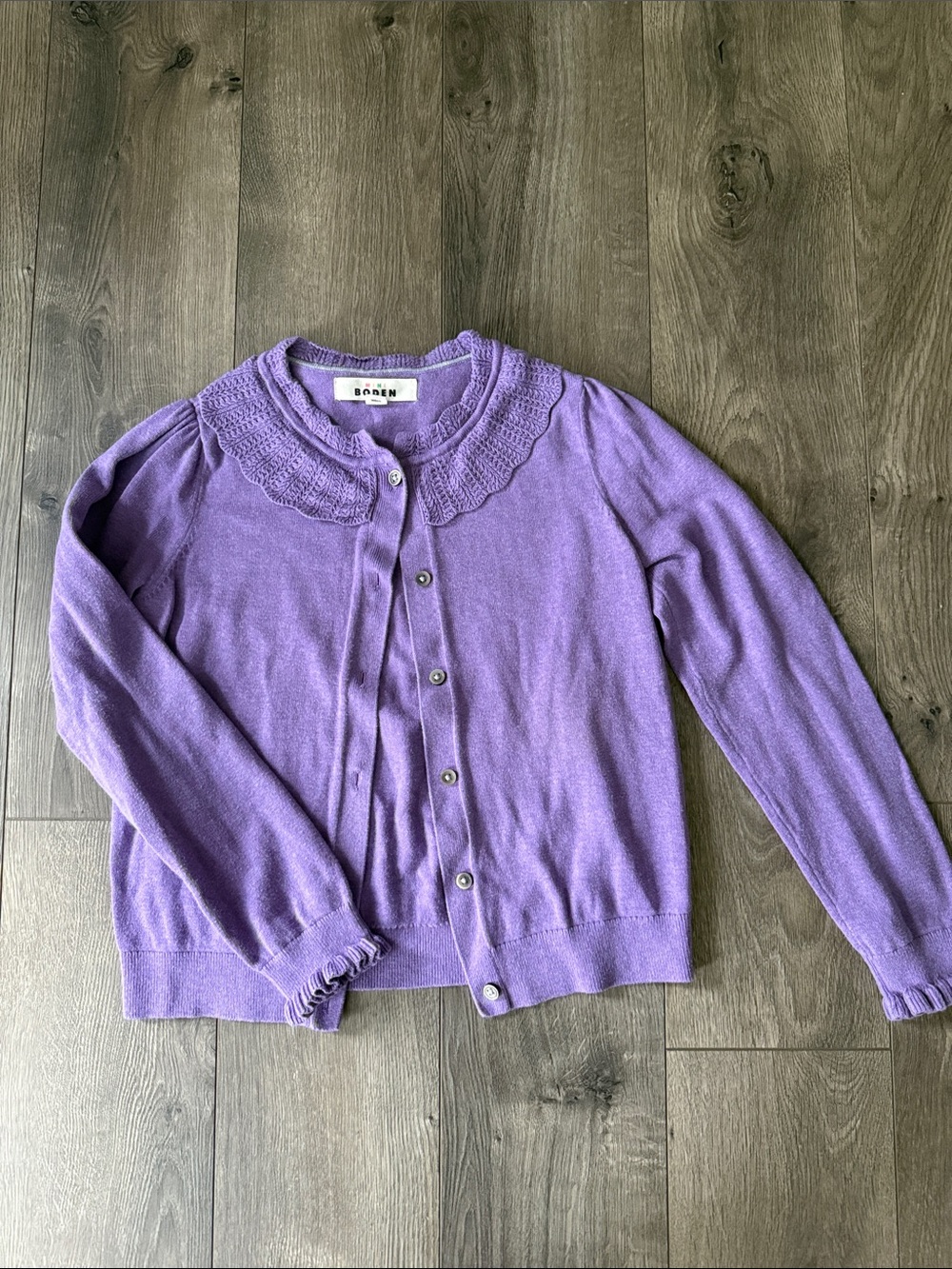 Boden Purple Ruffled-Collar Button Cardigan